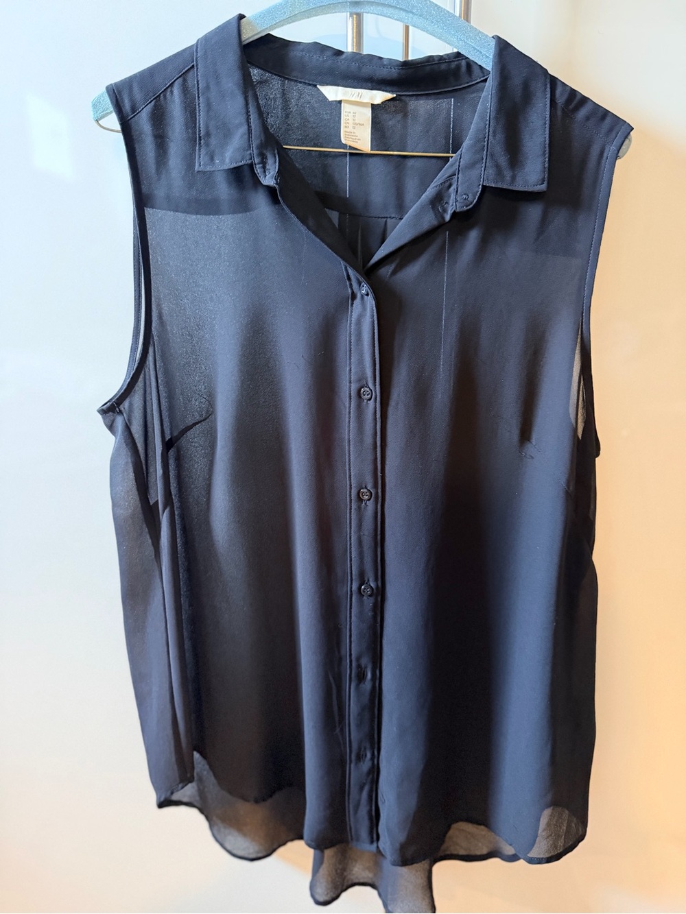 H&M Black Sleeveless Chiffon Button Front Blouse Size 12 Sheer Minimalist
